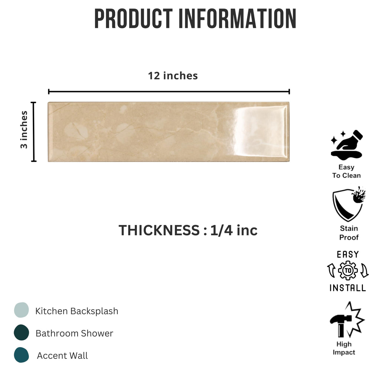 Soft Beige 3x12 Glossy Porcelain Subway Tile - Stone Look Wall Tile Backsplash, Bathroom & Shower Walls (50 Pieces