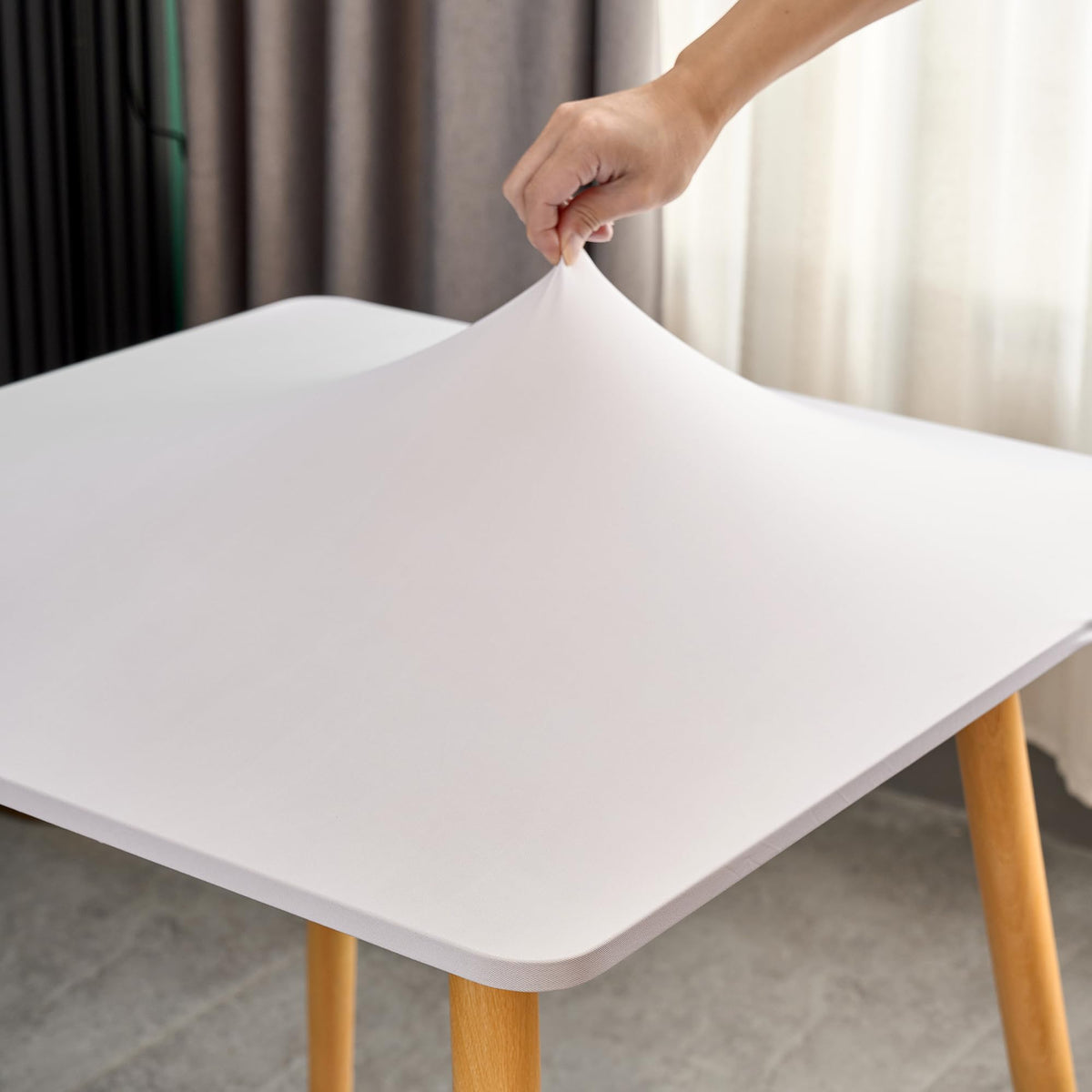 Solid Color Square Tablecloth 48x48 Inch Fitted Patio Coffee Table Cover with Elastic Stretchy Washable White Fabric