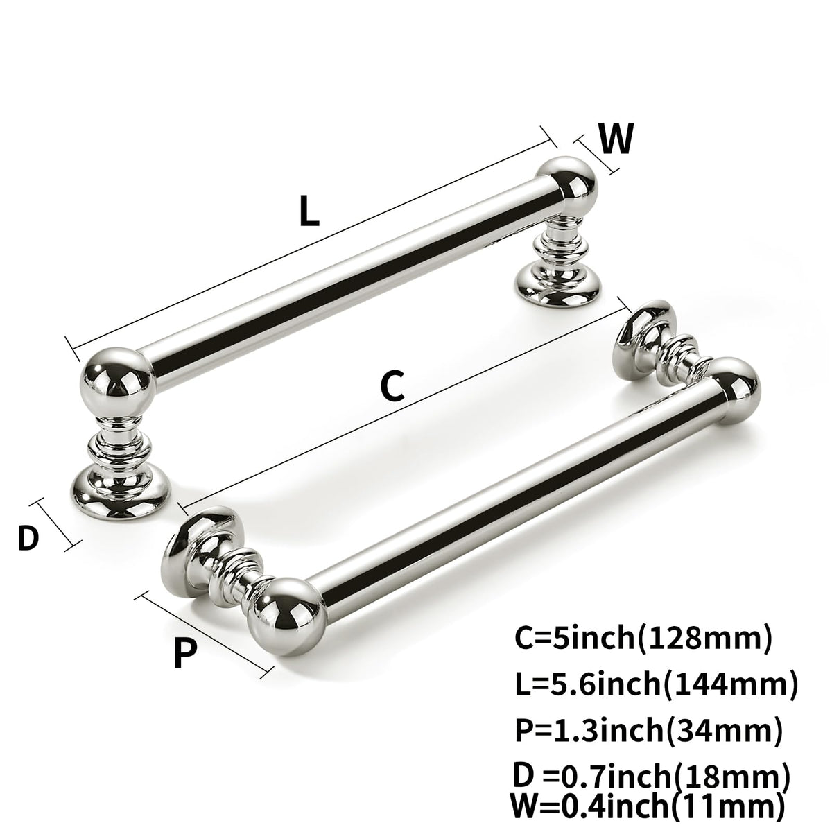 10 Pack 5 inch(128mm) Hole Center Vibrant Polished Nickel Cabinet Pulls Solid Heavy-Duty Kitchen Cabinet Hardware