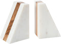 Marble Geometric Bookends with Wood Inlay, White