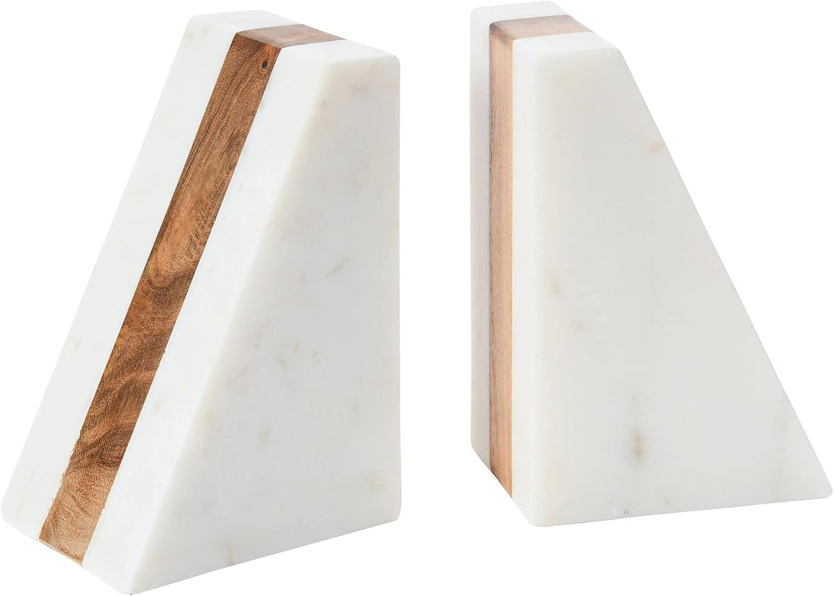Marble Geometric Bookends with Wood Inlay, White