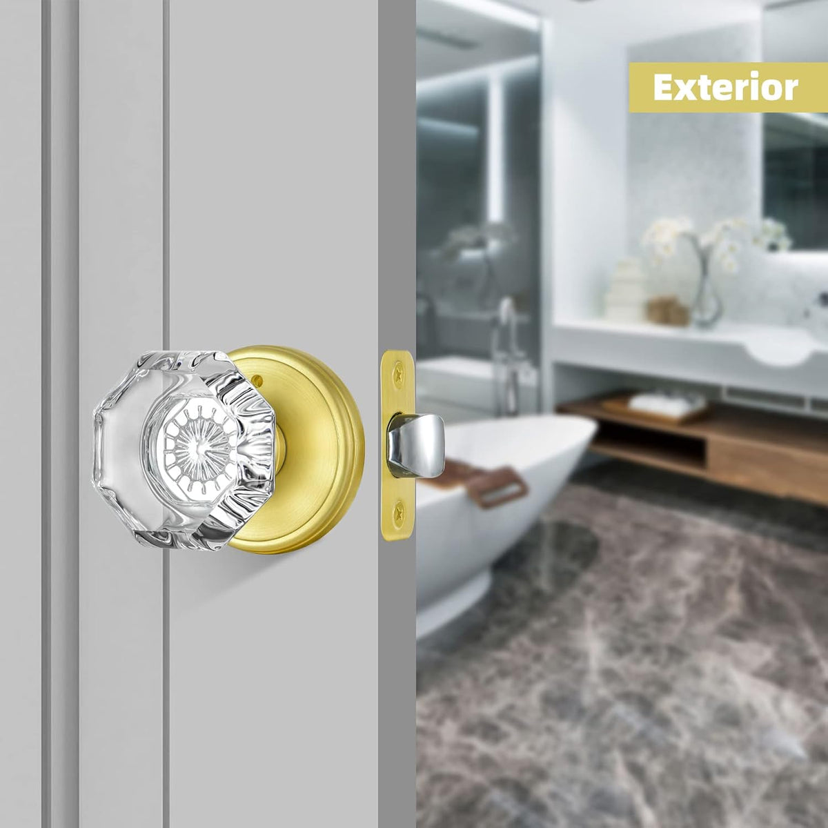 Gold Door Knob with Lock, Octagon Crystal Glass Door Knobs for Interior Door, Privacy Function Bathroom Bedroom Door