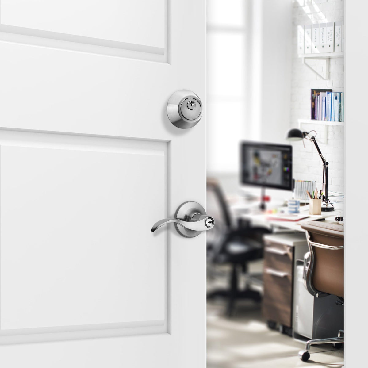 Entrance Lever Door Handle ( and Front Door) Reversible for Right and Left Side and a Single Cylinder deadbolt Set