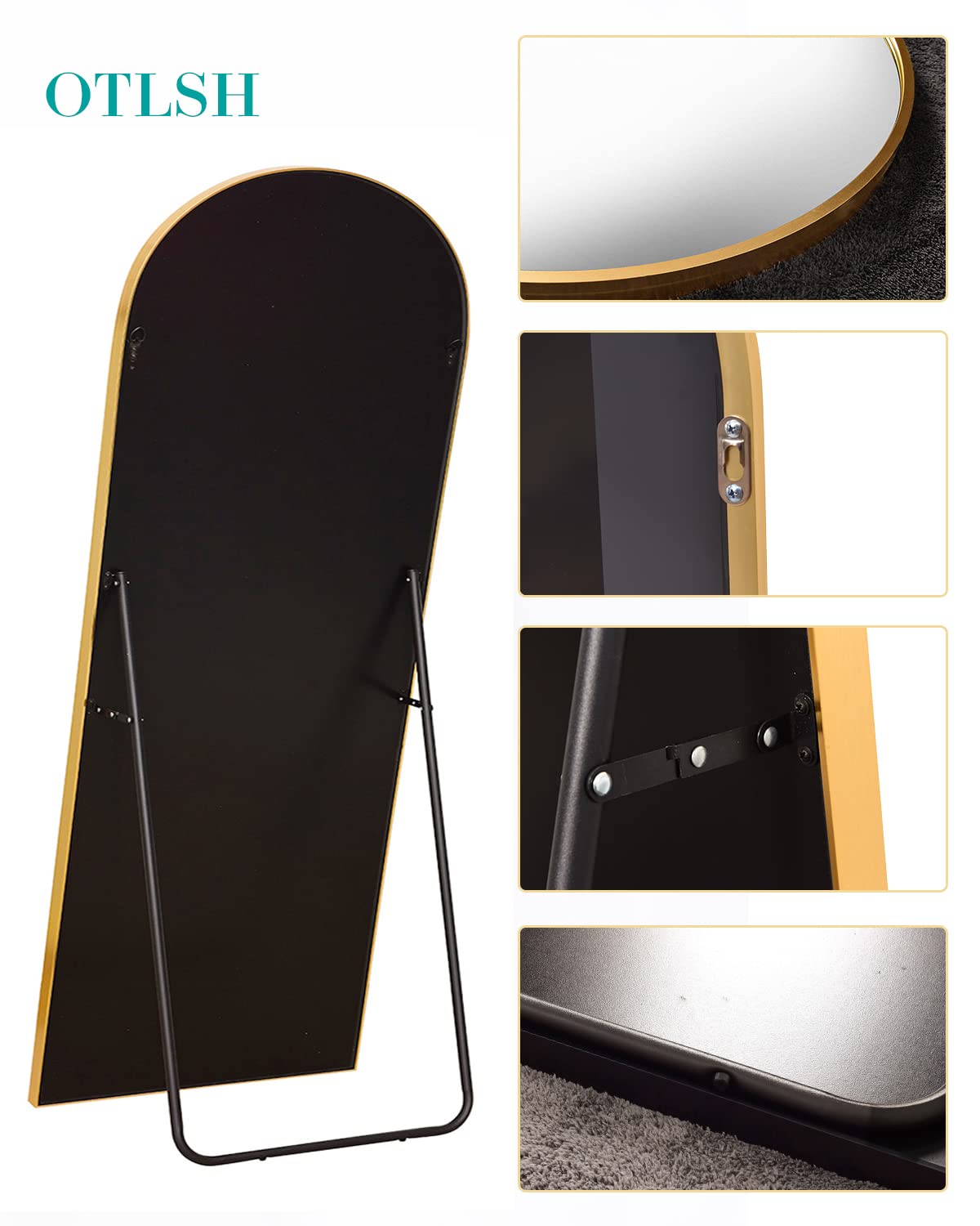 Arched Floor Mirror, 76"34" Full Length Mirror with Stand, Freestanding, Aluminum Frame - Gold