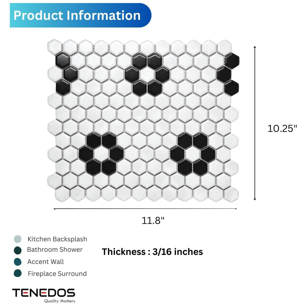 Hexagon Matte White with Black Hexagon Flower Pattern Porcelain Mosaic Floor and Wall Tile Backsplash, Bathroom