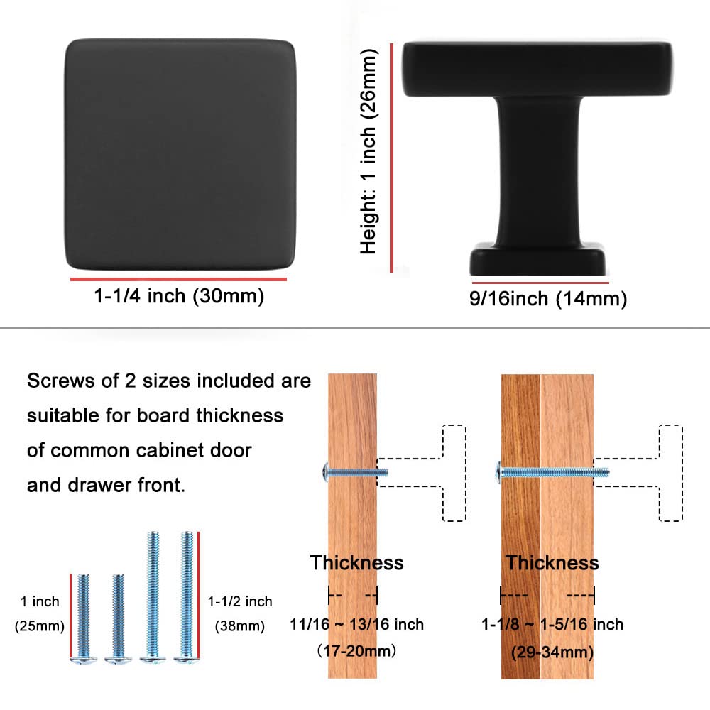 10 Pack Matte Black Cabinet Knobs, Square Single Hole Pulls K08