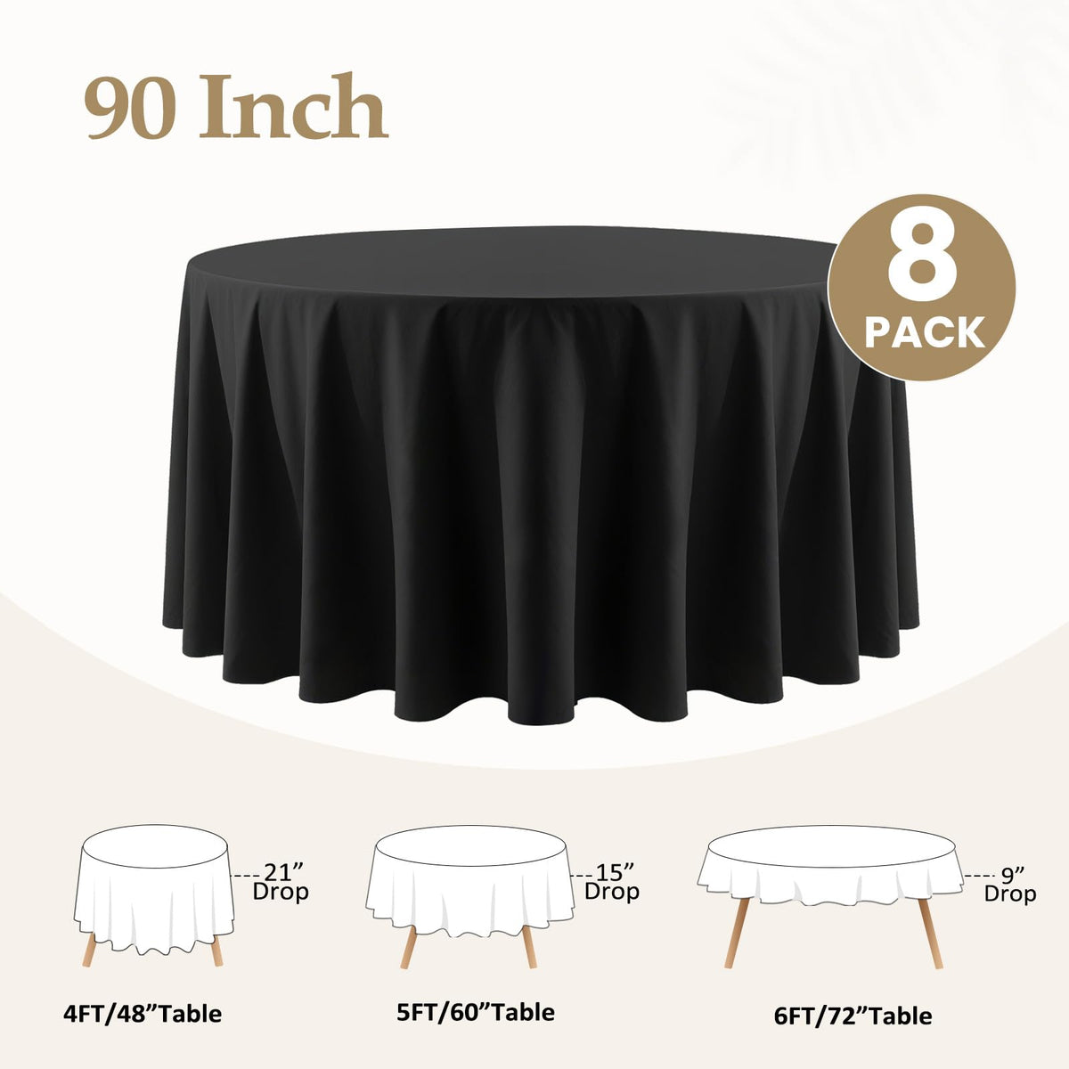 90 Inch Black Round Tablecloths for 36"-72" Table, 8 Pack