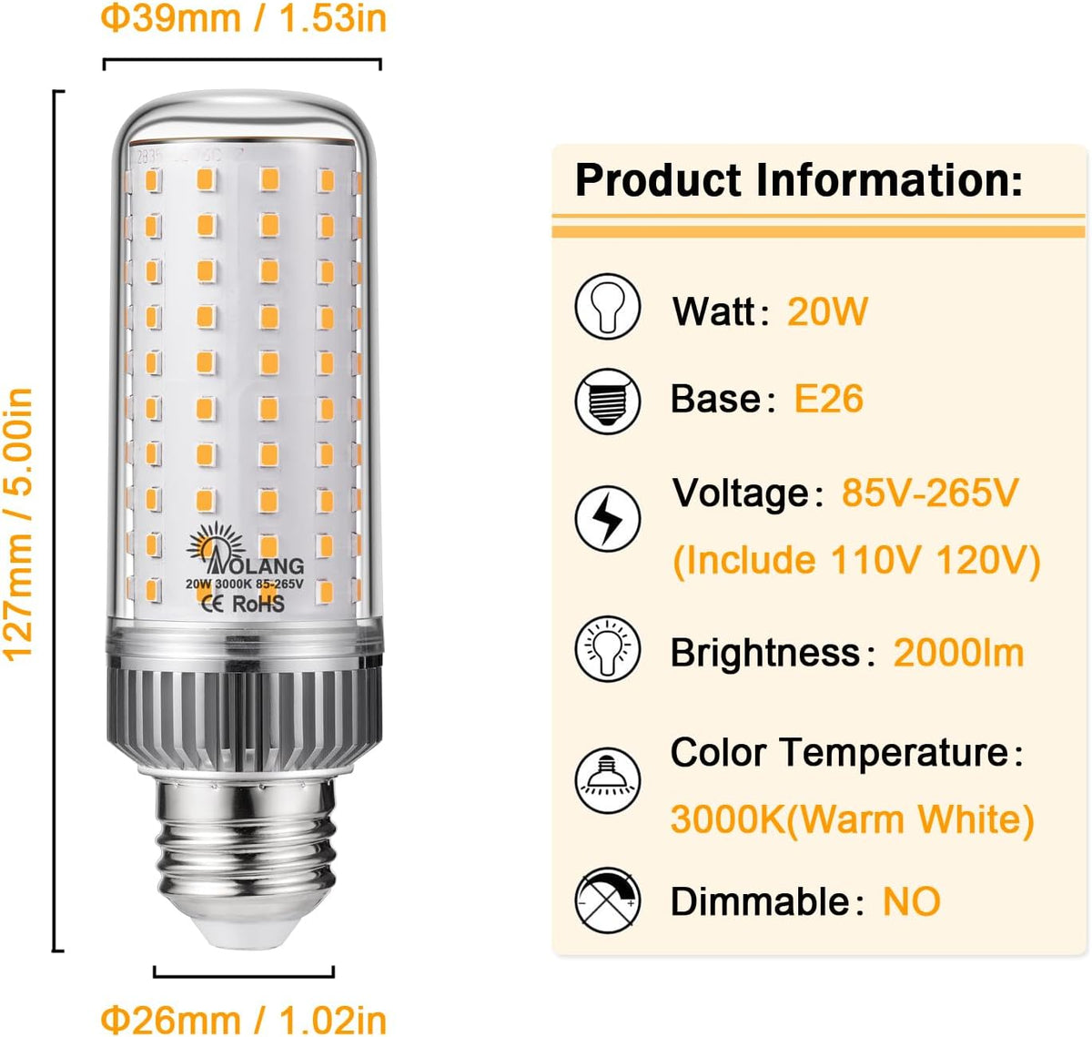 E26 LED Bulb,20W LED Corn Light Bulb 180W Equivalent 3000K Warm White 2000LM Non-dimmable Flicker Free Ceiling Fan