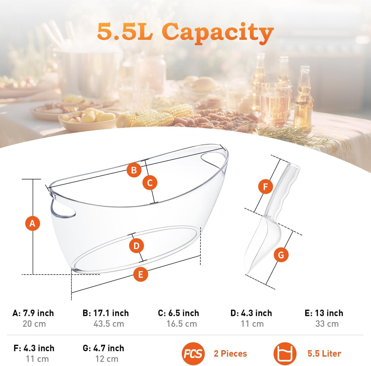 Ice Bucket for Parties, Clear Acrylic Drink Buckets with Scoop & Metal Wine Bottle Opener, 5.5L Large Champagne - Set of 2
