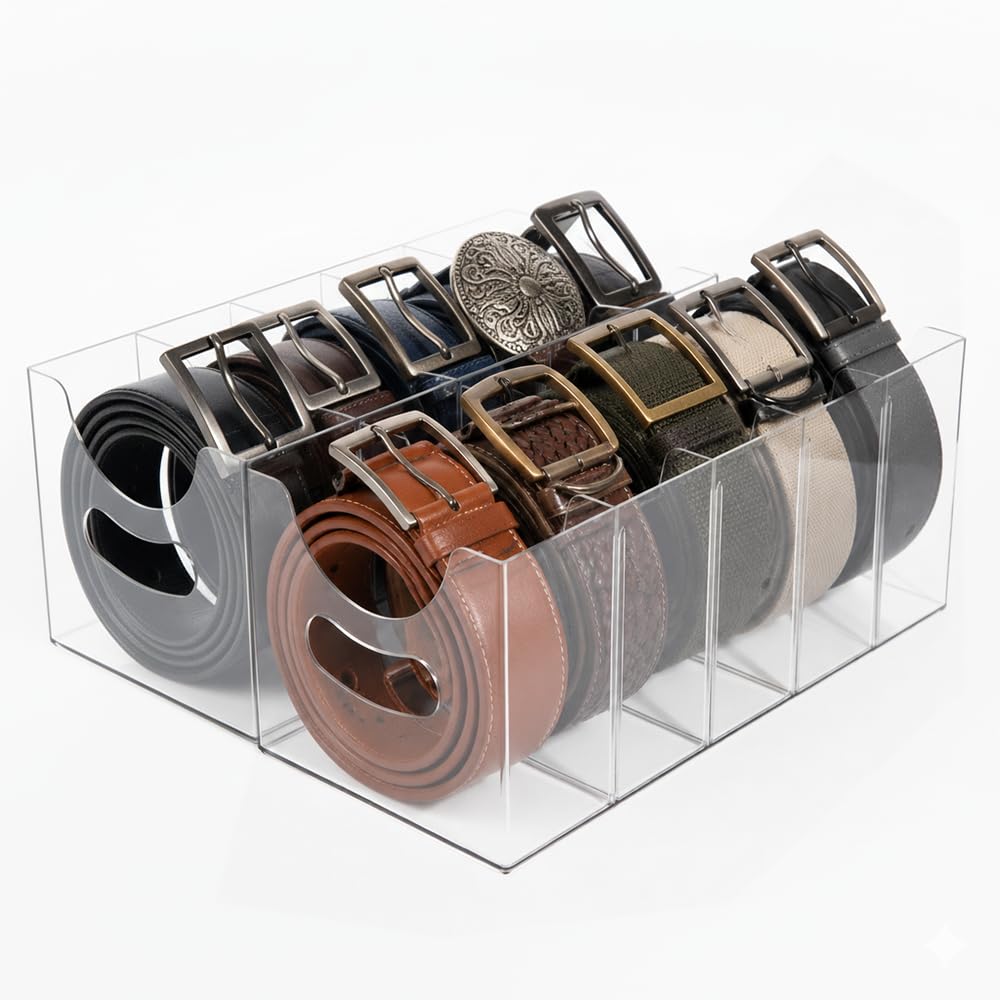 Belt Organizer,Acrylic Belt Organizer for Closet with Removable Dividers 5 Compartments & Handles Drawer organization