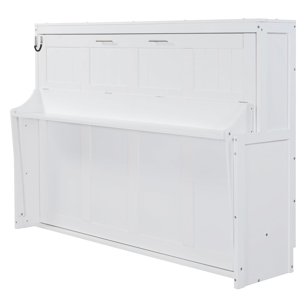 Full Size Murphy Bed, Wood Murphy Wall Bed with Hydraulic Lift & Desk Design, White