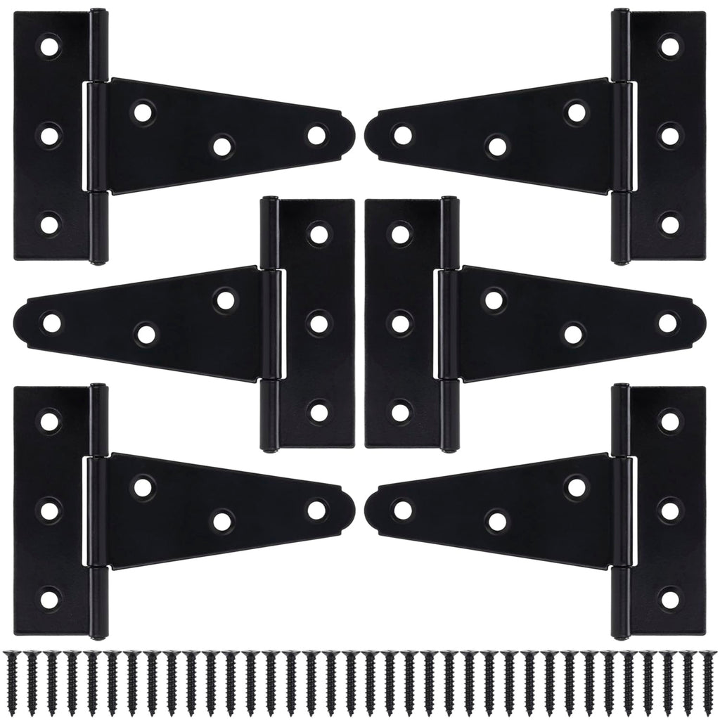 4 Inch T-Strap Gate Hinges, Shed Barn Door Hinges Heavy Duty, Black Tee Hinges for Wooden Fences, Yard Gate, Wrought