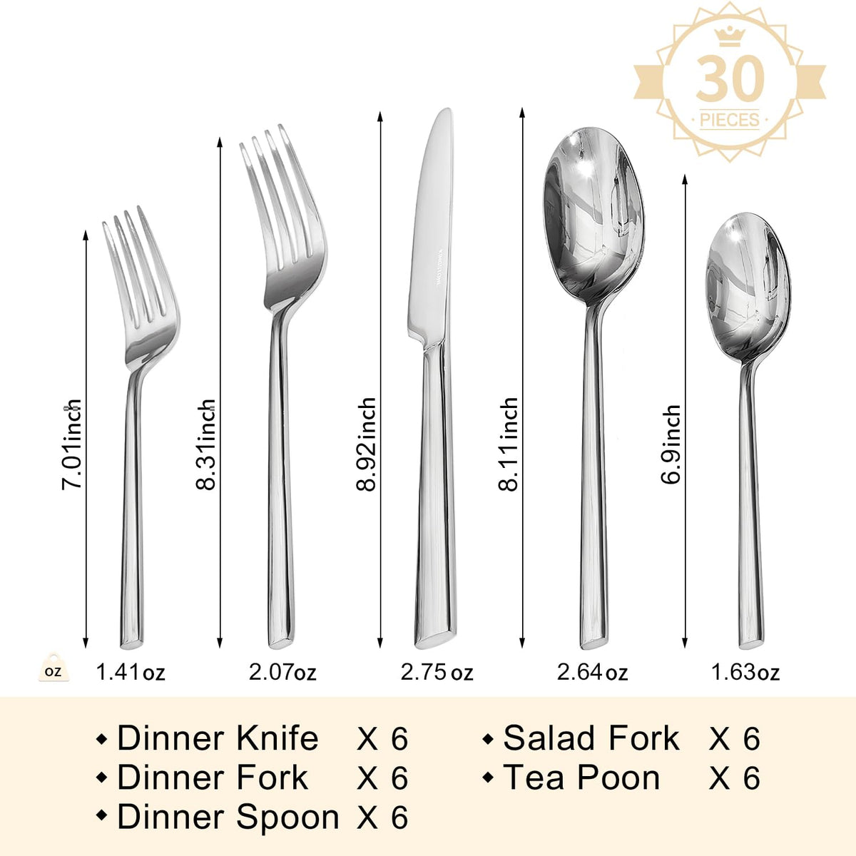 Silverware Set for 6, 30-Piece 18/0 Stainless Steel Flatware Cutlery Set