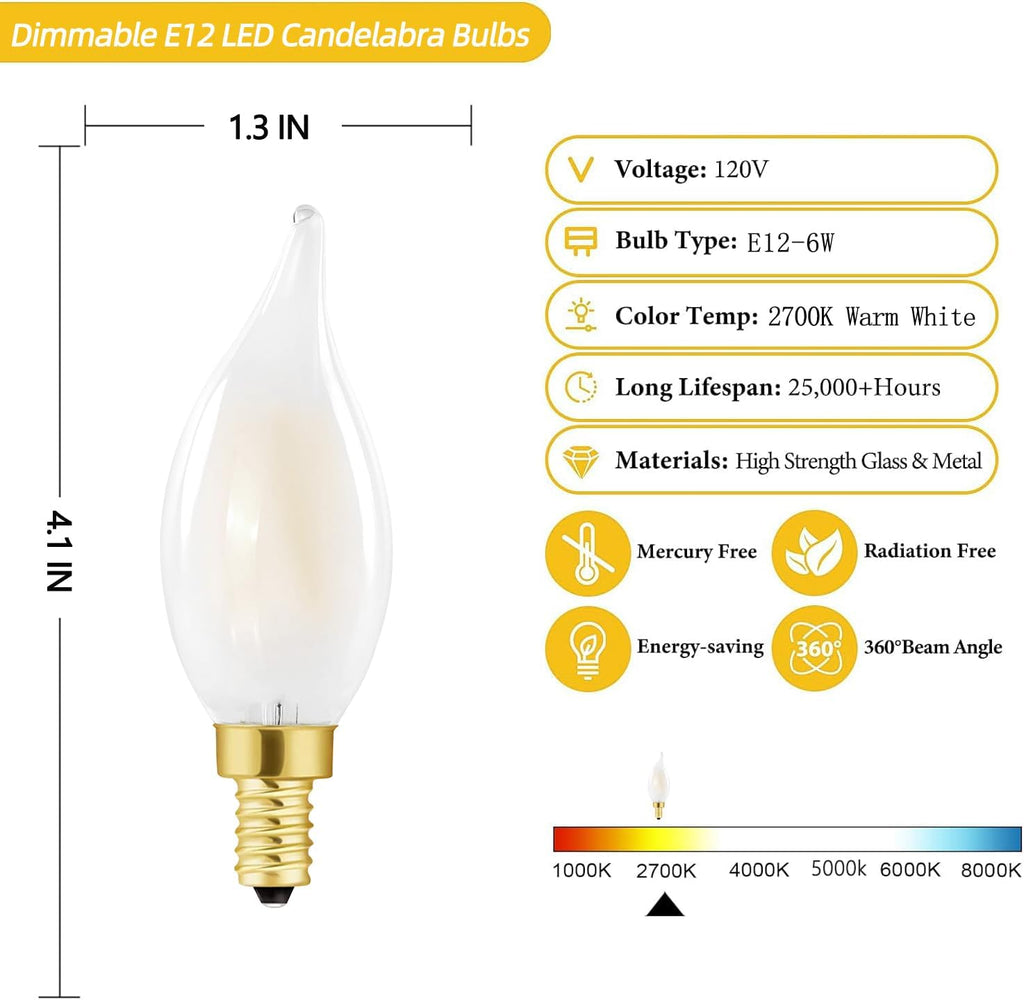 E12 Frosted LED Candelabra Candle Bulb 60W Dimmable 2700k Warm Bulb