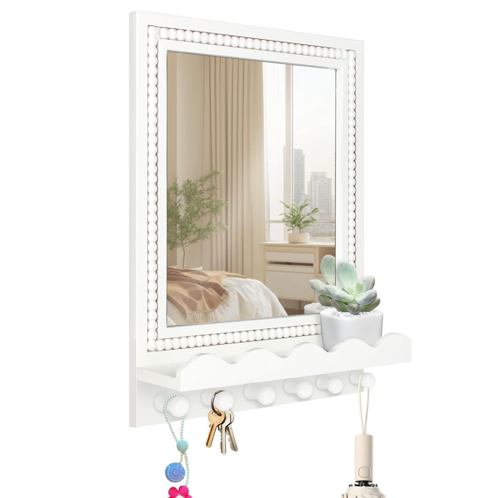 16x12 Inch Wall Mount Beaded Wood Framed Mirror with Shelf and 6 Hooks, White Decorative Entryway Mirror with Storage