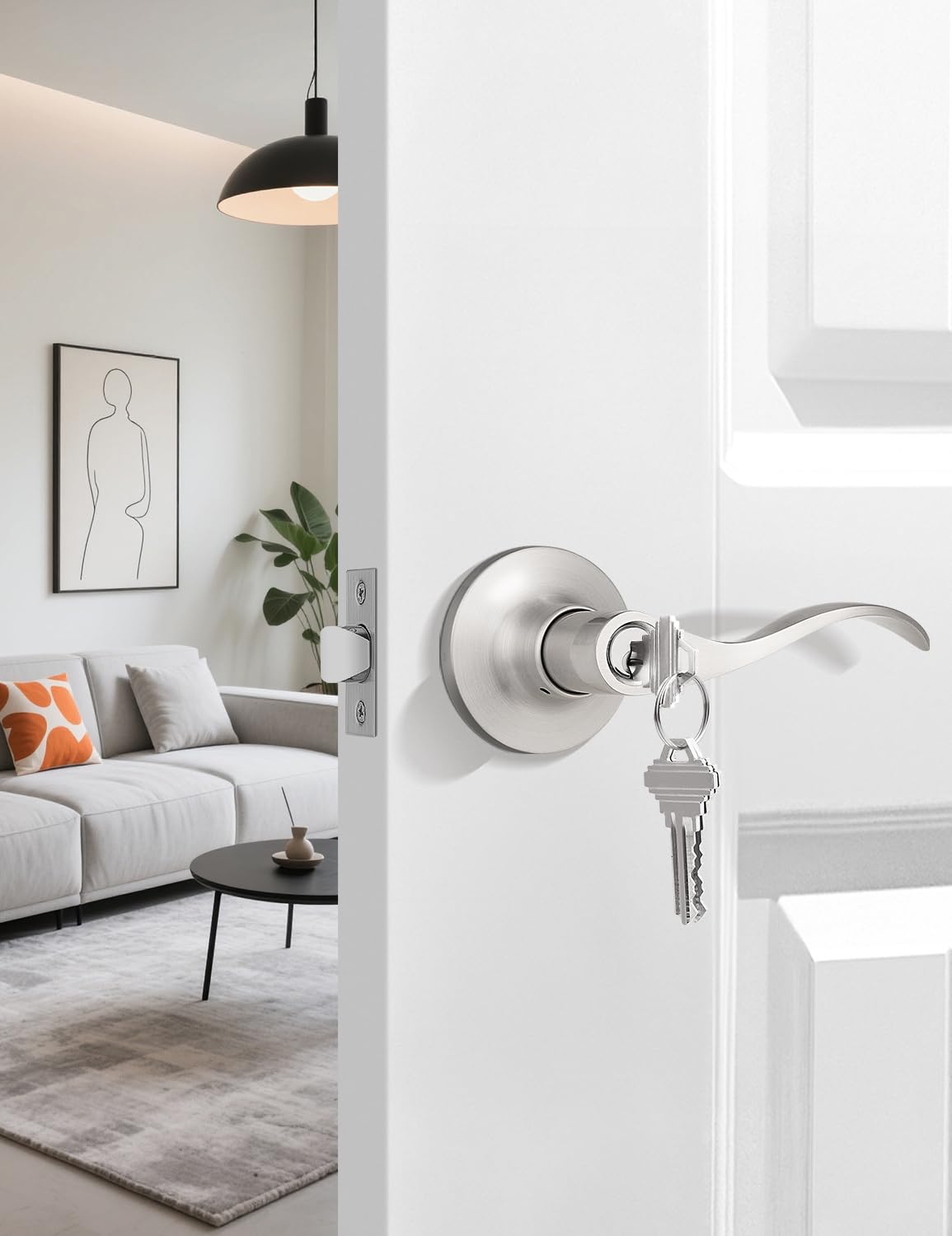 3 Pack Exterior Door Handle Entry Door Lever with Lock and Key, Entrance Door Handles Lockset in Satin Nickel Each