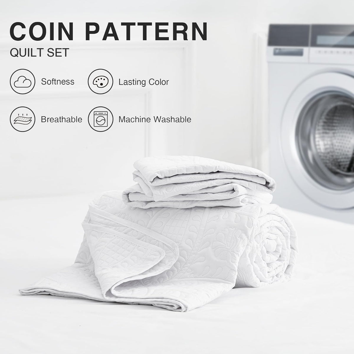 White Quilt Set Bedspreads - Soft Lightweight Coin Pattern Coverlet Bedspread Comforter - Twin, Full, Queen, King