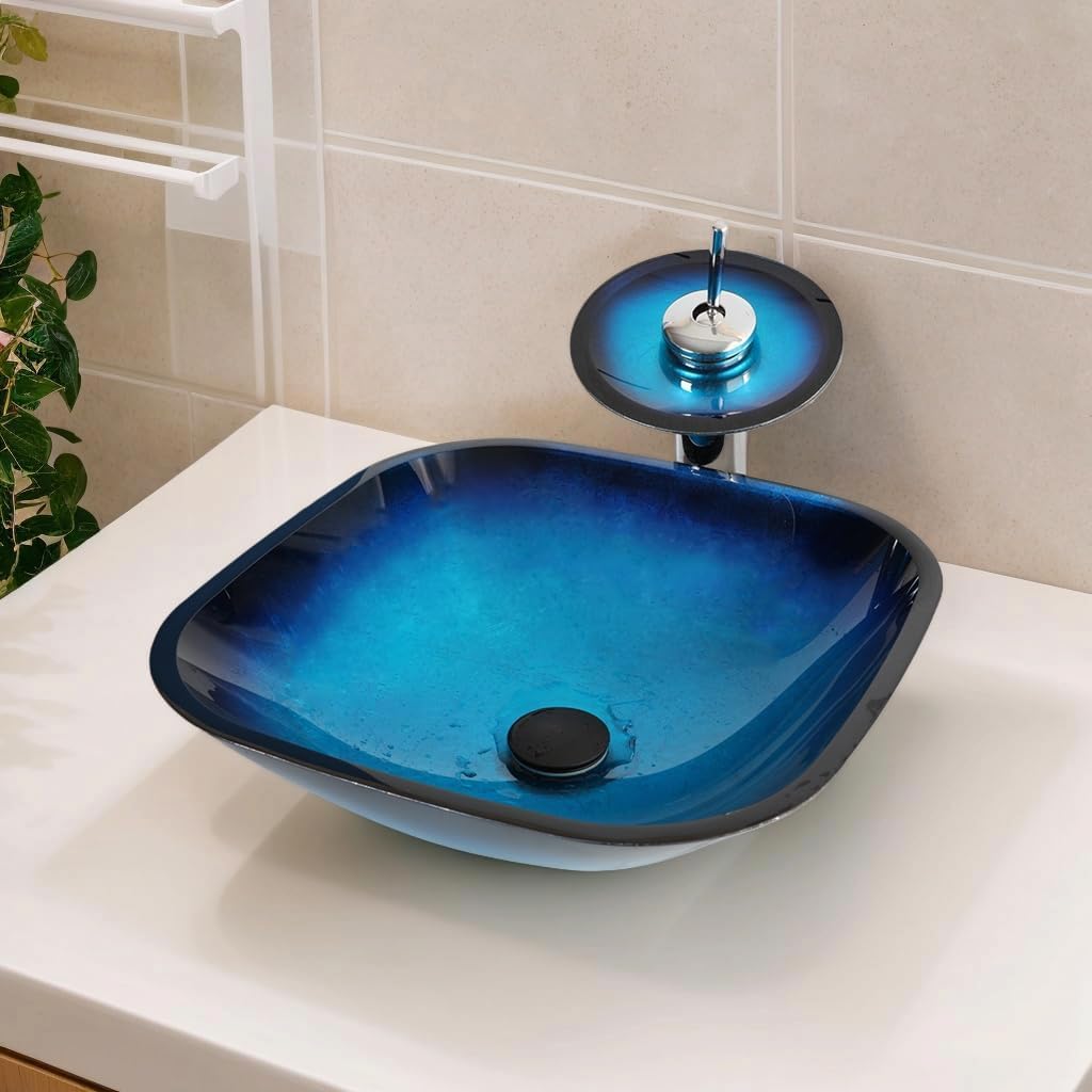 17" Blue Bathroom Vessel Sink,Square Tempered Glass Washing Sink Bowl with Waterfall Faucet And Drain