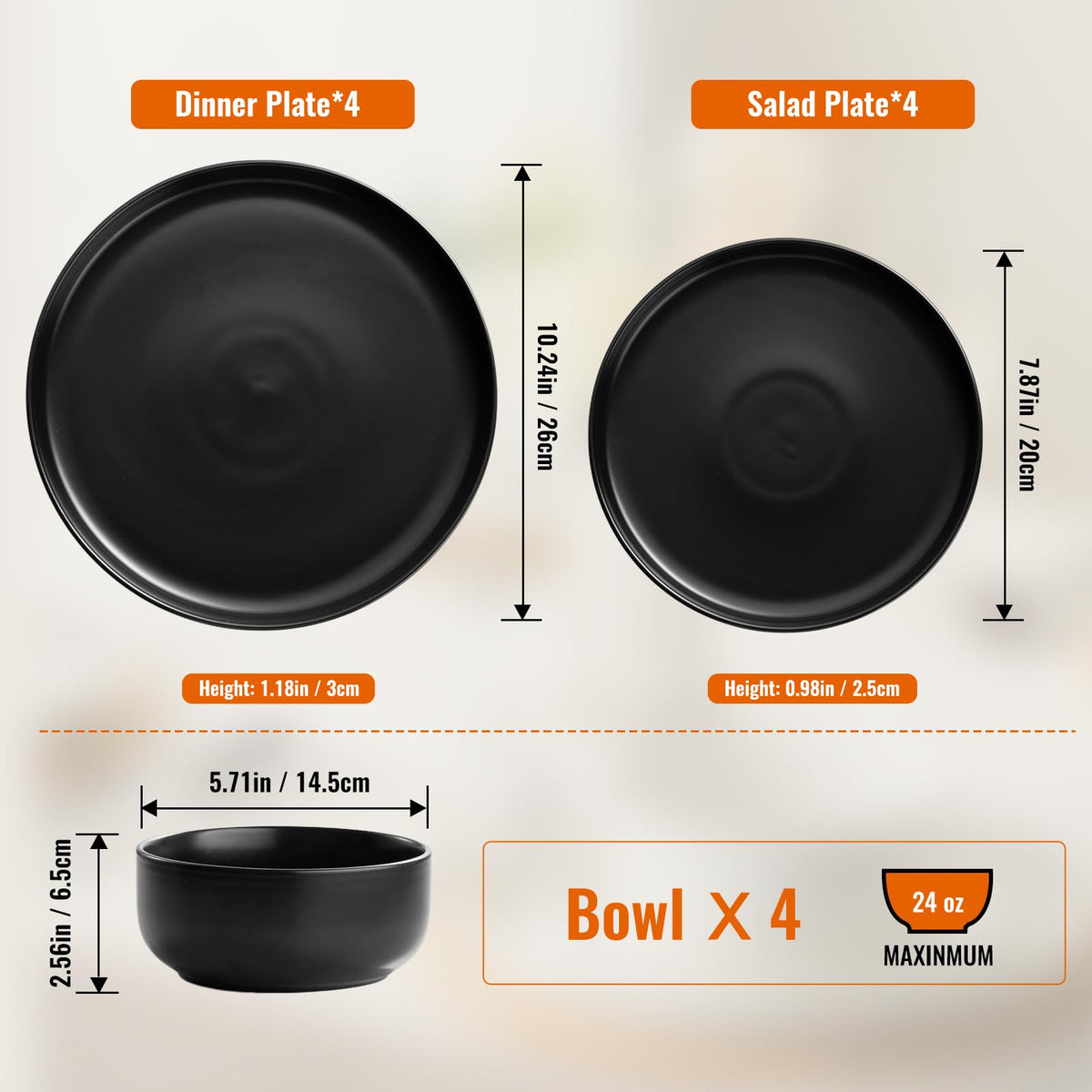 Plates and Bowls Sets, 12 Pieces Ceramic Dinnerware Set for 4, Stoneware Dishware Dishes Set, Scratch Resistant