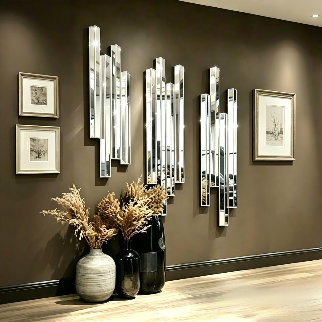 Modern 3 Pack 28x8 Staggered 3D Silver Mirror Wall Set Mirror Decor