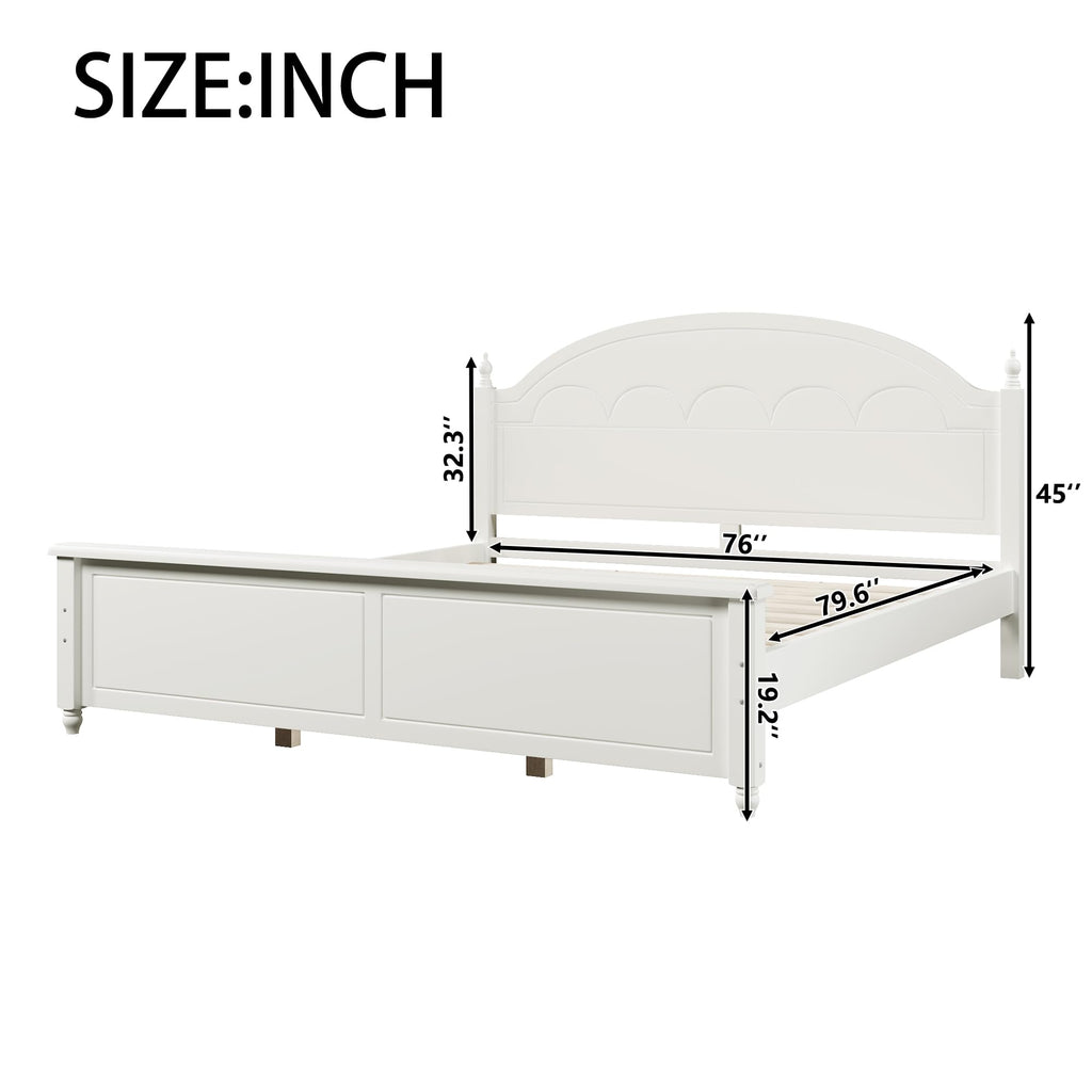 Wooden Bed Frames with White Headboard, Japanese Pine Wood Platform Bed, Rustic & Mid-Century Modern