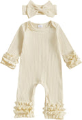 Newborn Girl Outfits Infant Baby Clothes Set Ribbed Knit Romper Headband Ruffle Long Sleeve Solid Bodysuit Jumpsuit