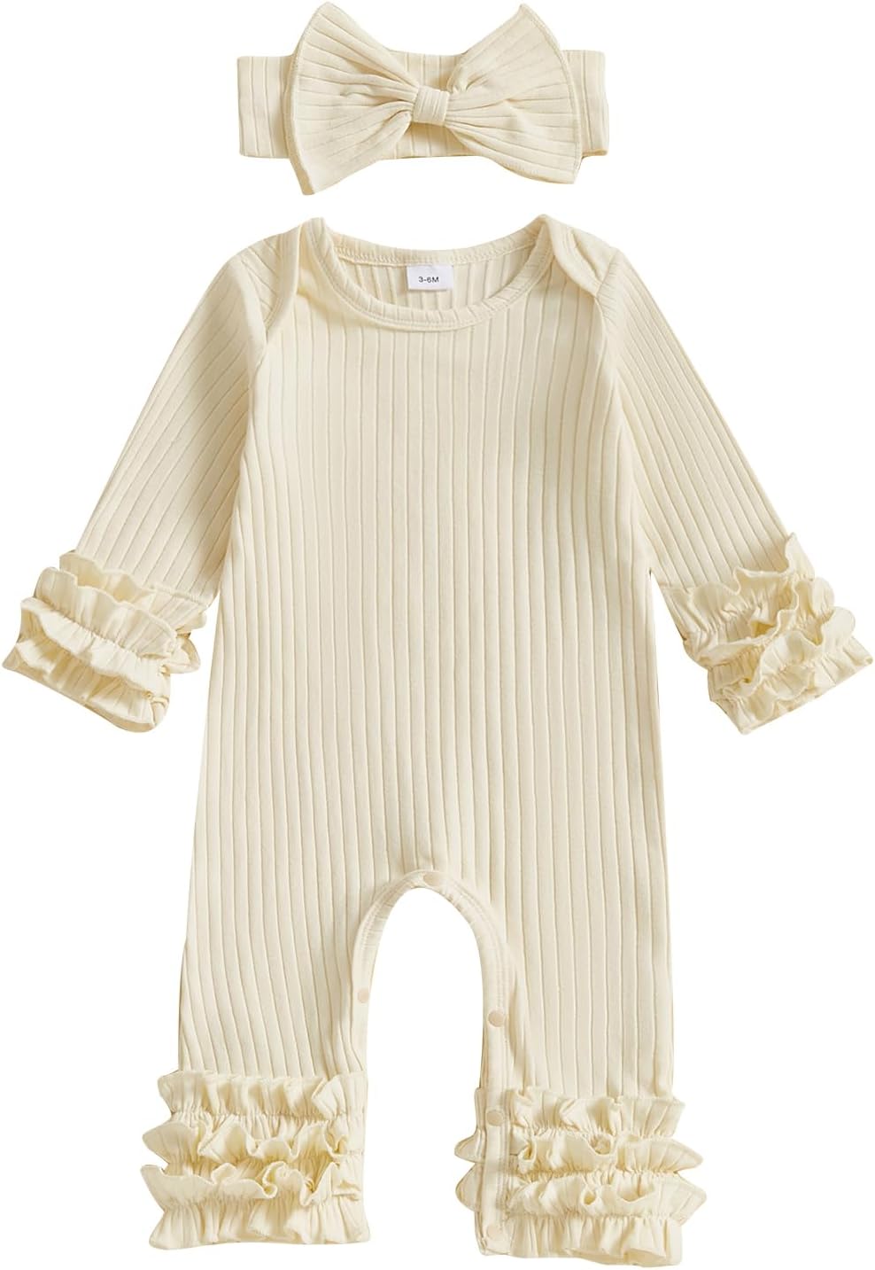 Newborn Girl Outfits Infant Baby Clothes Set Ribbed Knit Romper Headband Ruffle Long Sleeve Solid Bodysuit Jumpsuit