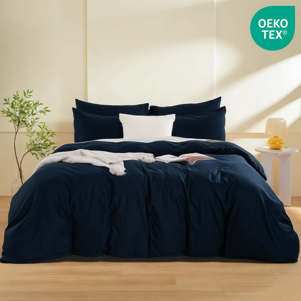 Duvet Cover, Navy 3 Pieces Duvet Cover Set, Soft and Lightweight 100% Washed Microfiber Comforter Cover Set for