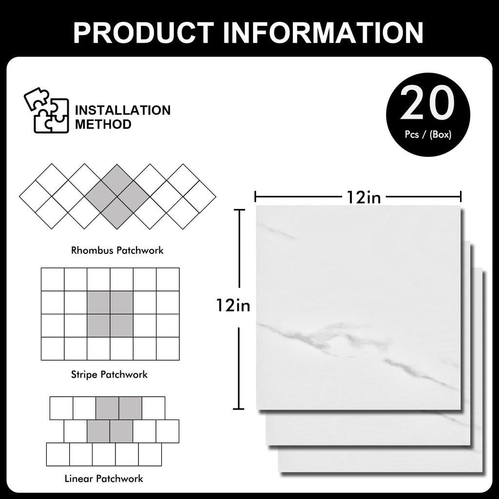 20-Pack 12"x12" White Marble Peel and Stick Floor Tiles