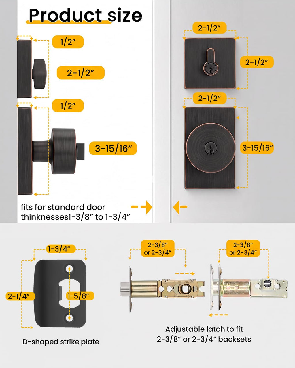 Oil Rubbed Bronze Exterior Door Lock Set, Square Contemporary Keyed-Alike Door Knob and Deadbolt Set, Heavy Duty