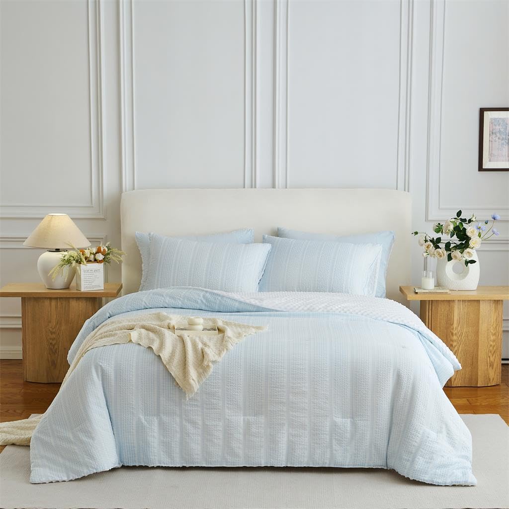 Boho Comforter Set 2 Pieces Sky Blue Stripe Bedding Set