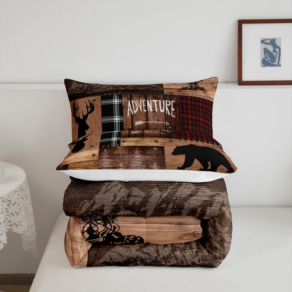 Cabin Comforter Set Brown Adventure Bear Quilt with 2 Pillowcases