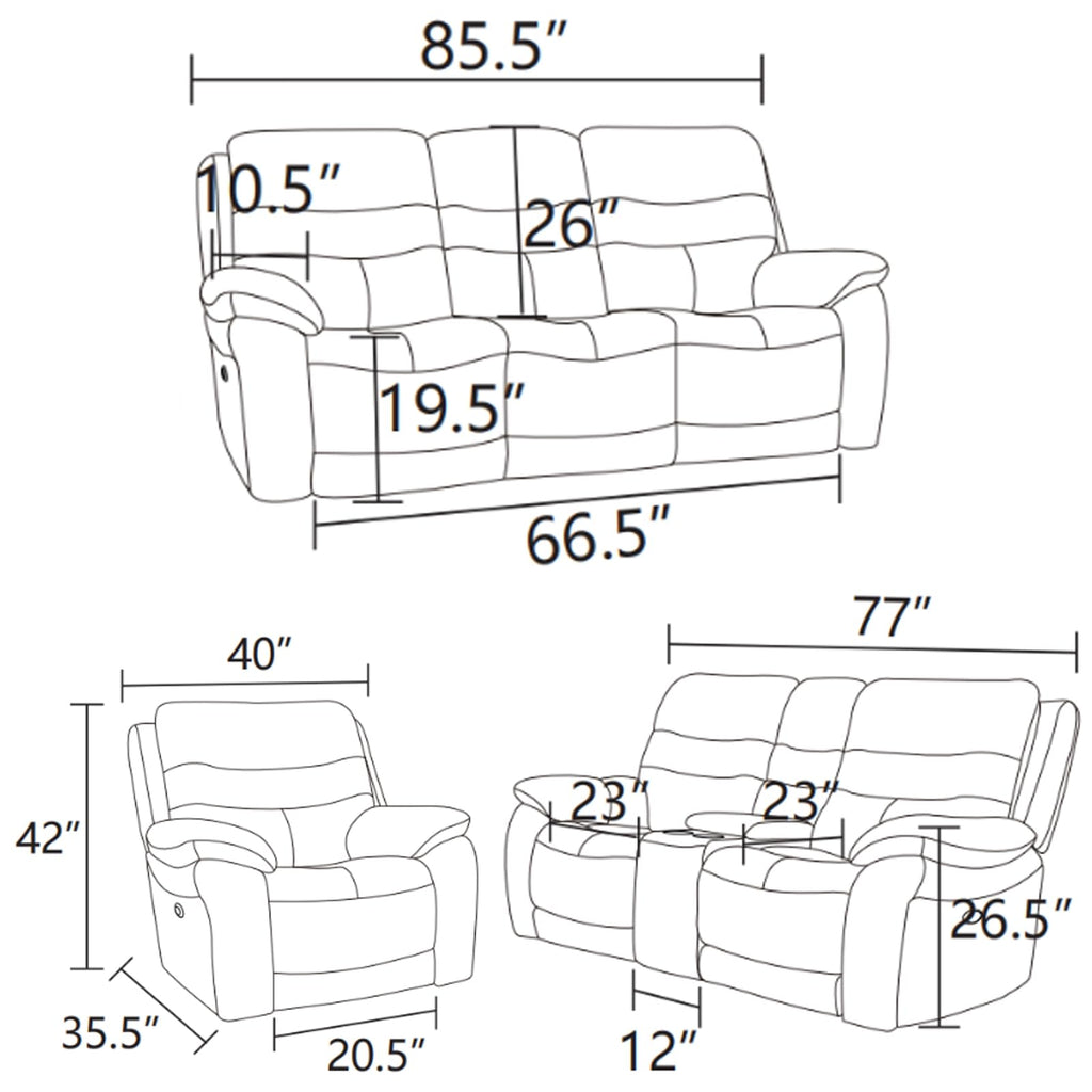 Power Reclining Sofa Set, Genuine Leather Recliner Sofa Set, Living Room Furniture Setwith USB Charging and LED