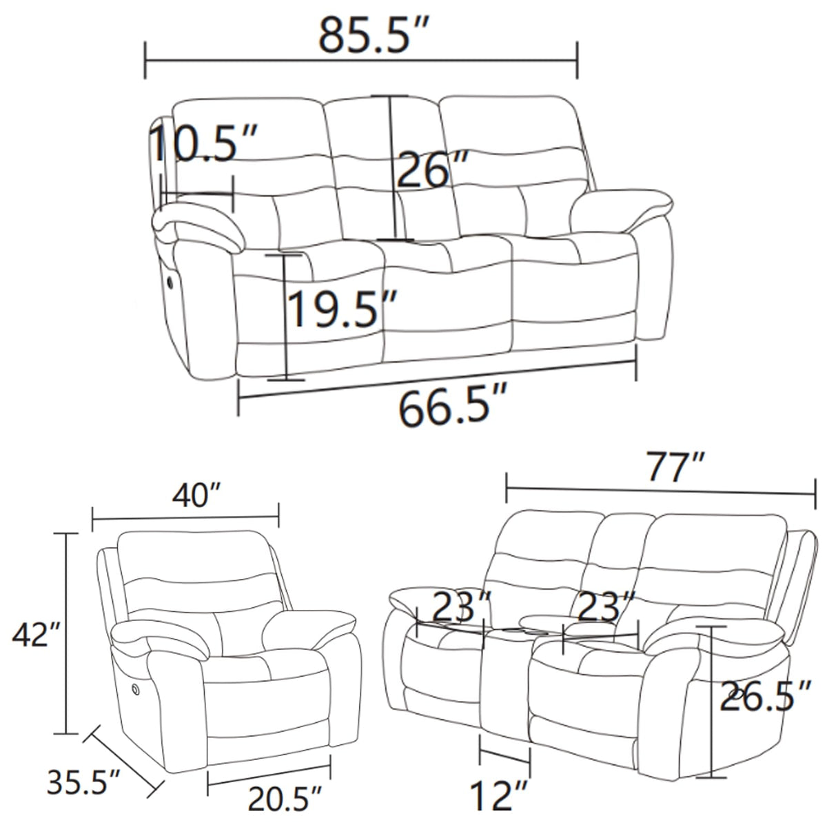 Power Reclining Sofa Set, Genuine Leather Recliner Sofa Set, Living Room Furniture Setwith USB Charging and LED