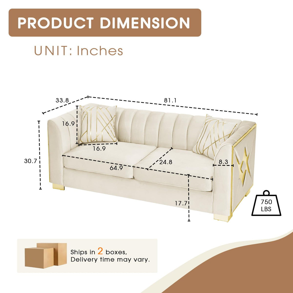 2 Piece Mid Century Modern Chesterfield Sofa Set, Tufted 2 Piece Couch Sets with Gold Stainless Steel Accents Luxury