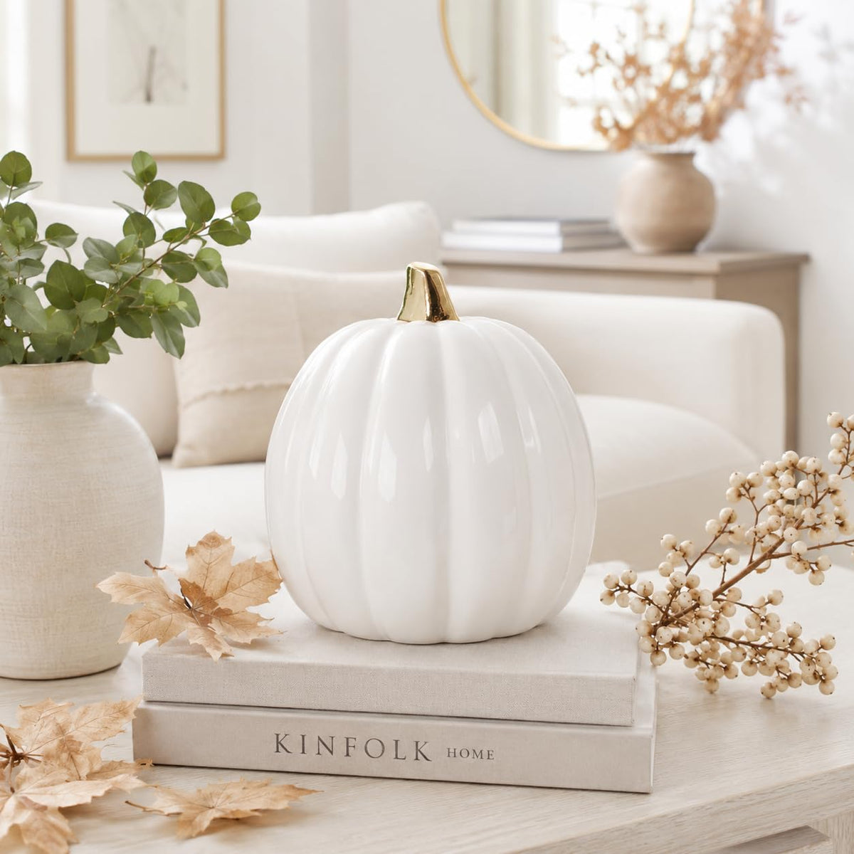 Ceramic Pumpkin Fall Decor with Gold Stem, White
