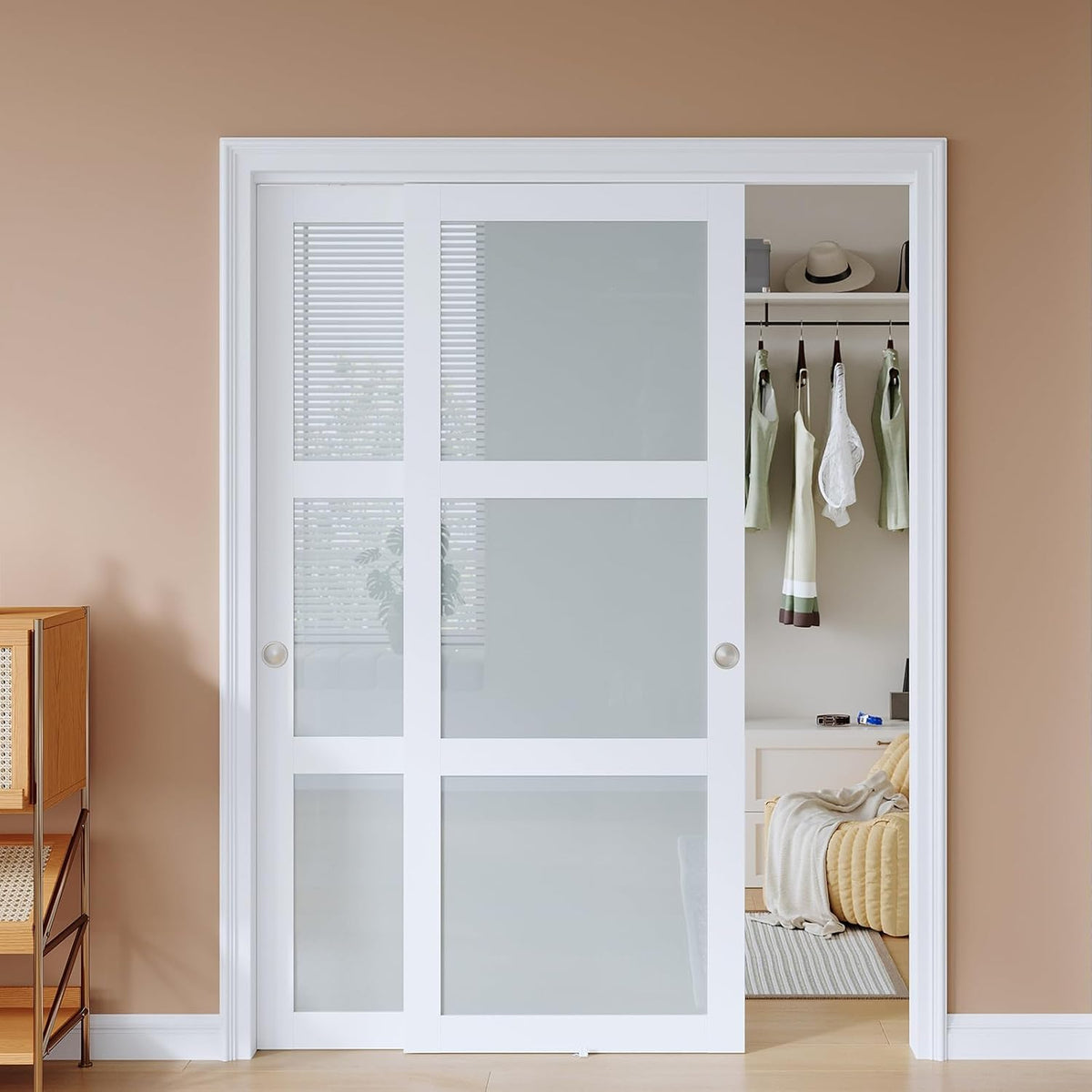 60x80 in (Double 31in) Bypass Sliding Closet Door for Bedroom, 3-Lite Frosted Glass Sliding Door with Hardware Track