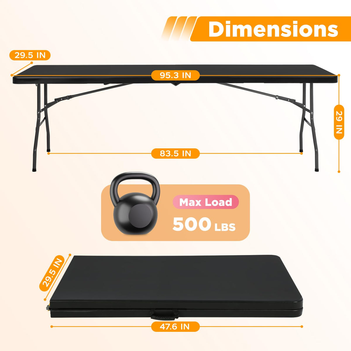 8FT Folding Table | Black | Portable Plastic Table