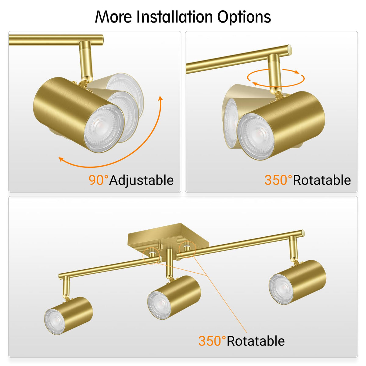 3 Light Track Lighting Fixtures Ceiling, Gold Kichen Track Lighting, Rotatable Light Heads, Adjustable Modern LED