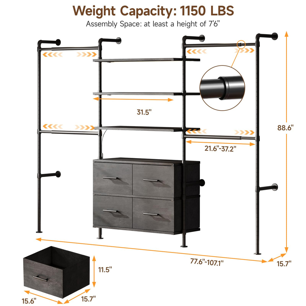 T4 Closet System with Stepless Dimmable LED Light (Black Gray Oak)