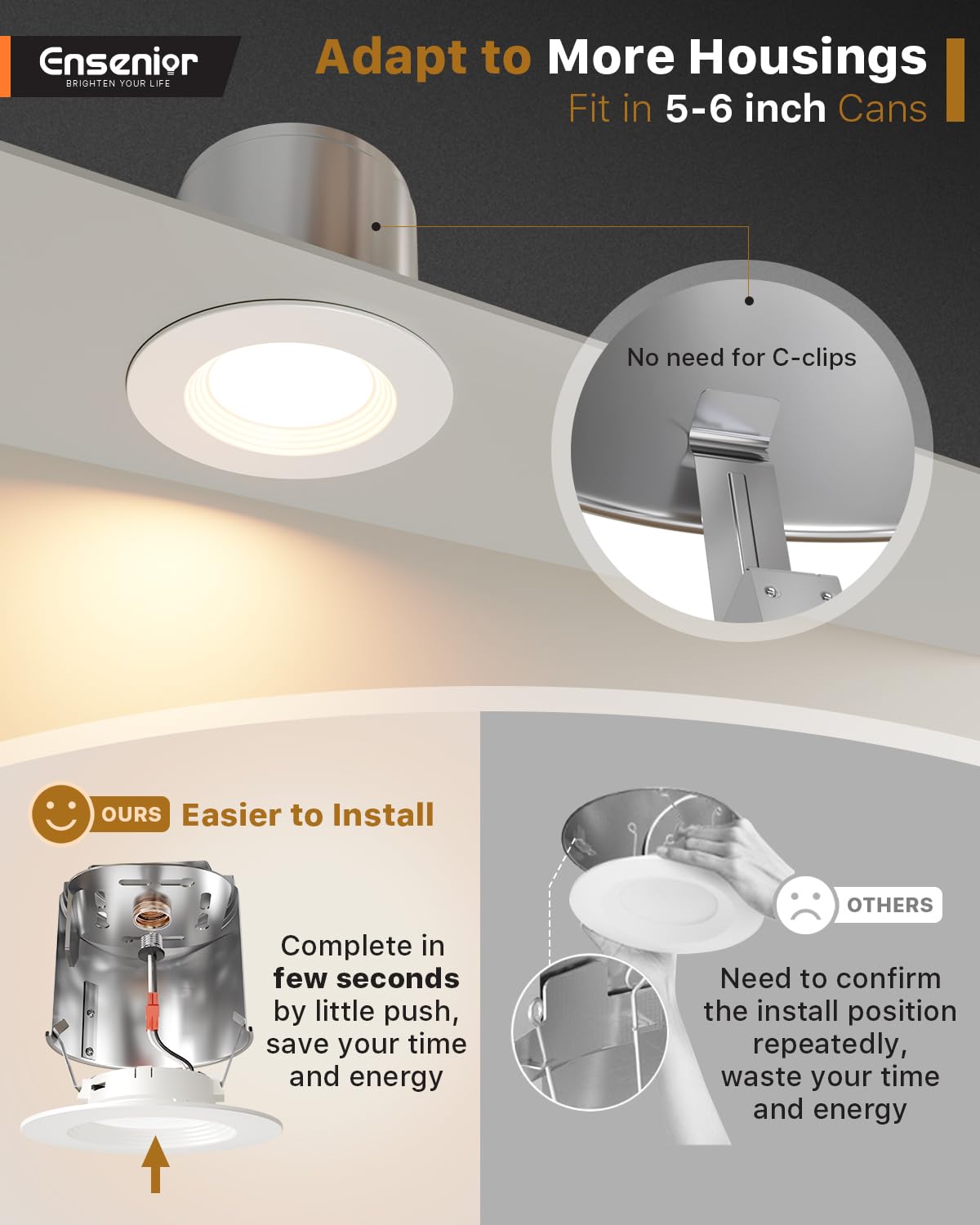 5/6 Inch LED Recessed Can Lights, 5CCT, 9W, 1000LM, 4 Pack