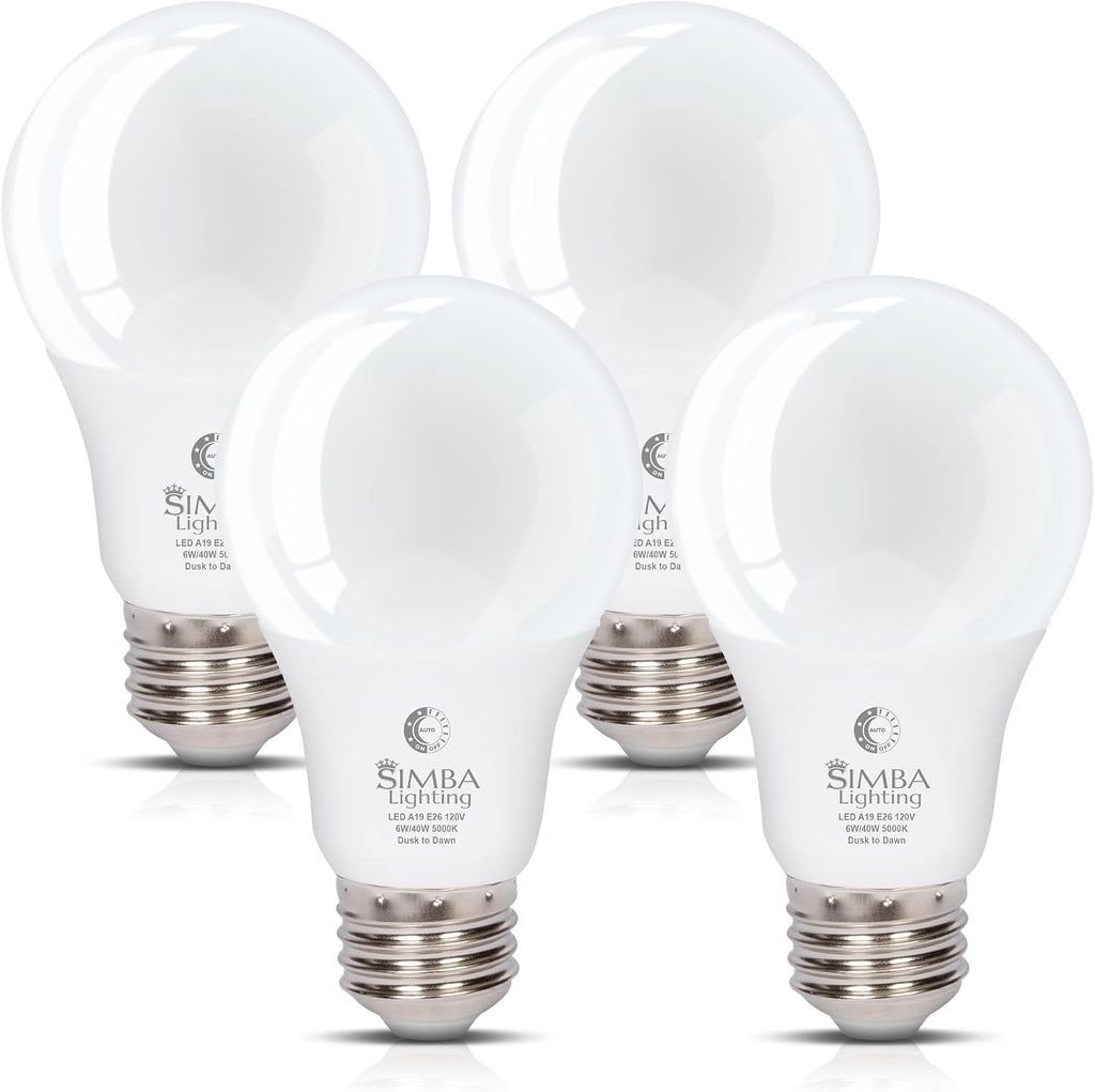 LED A19 Dusk to Dawn 6W 120V Outdoor Bulbs E26 5000K, 4 Pack