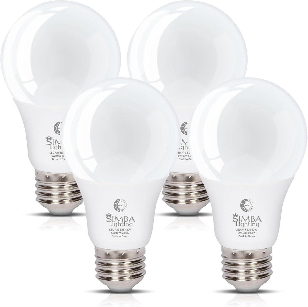 LED A19 Dusk to Dawn 6W 120V Outdoor Bulbs E26 5000K, 4 Pack