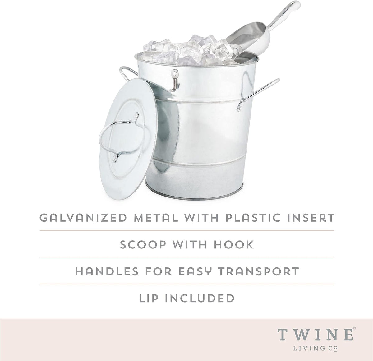 Insulated Ice Bucket with Lid, Scoop & Handles for Beer, Wine, Champagne, Beverages, 1 Gal Galvanized Metal Bucket