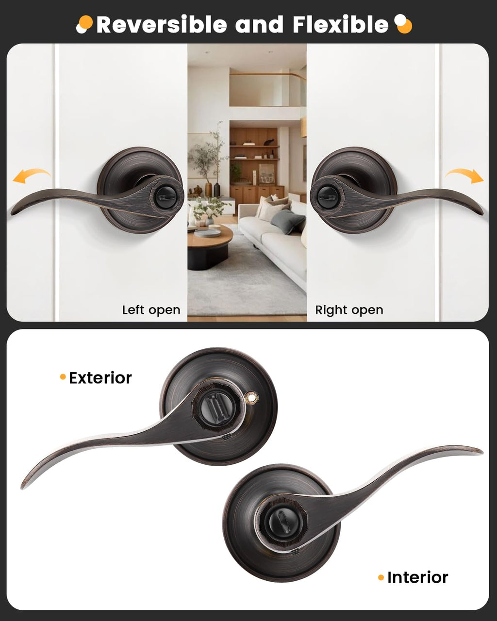 6 Pack Oil Rubbed Bronze Privacy Door Levers Bedroom, Keyless Door Locksets Knobs, Interior Door Handles with Lock