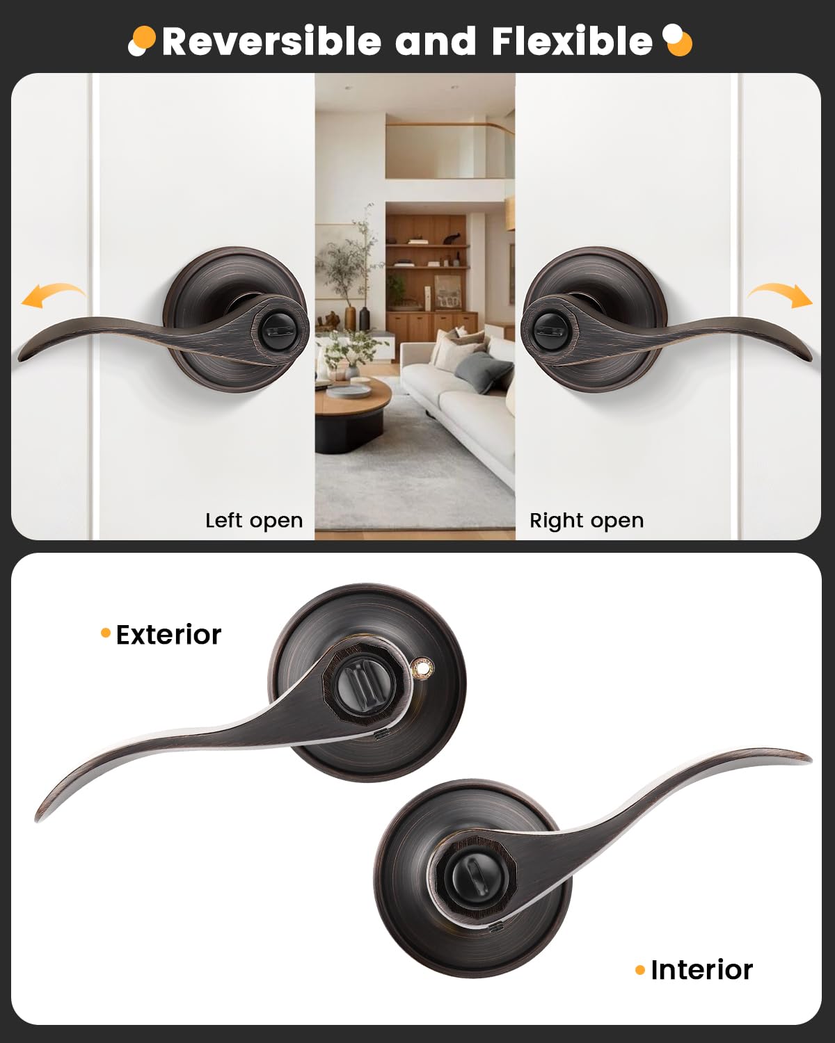 4 Pack Privacy Door Levers Keyless Interior Door Locksets Handlesets,Reversible Handles for Right/Left-Handed