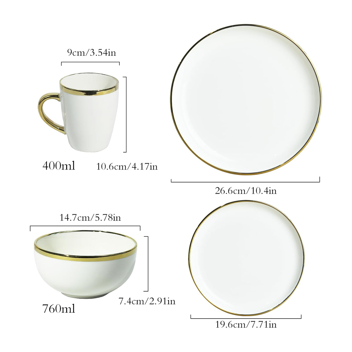 White and Gold Ceramic Dinnerware Sets for 4, 16-Piece Luxury Plates and Bowls Sets with Gold Rim, Modern Dish Set