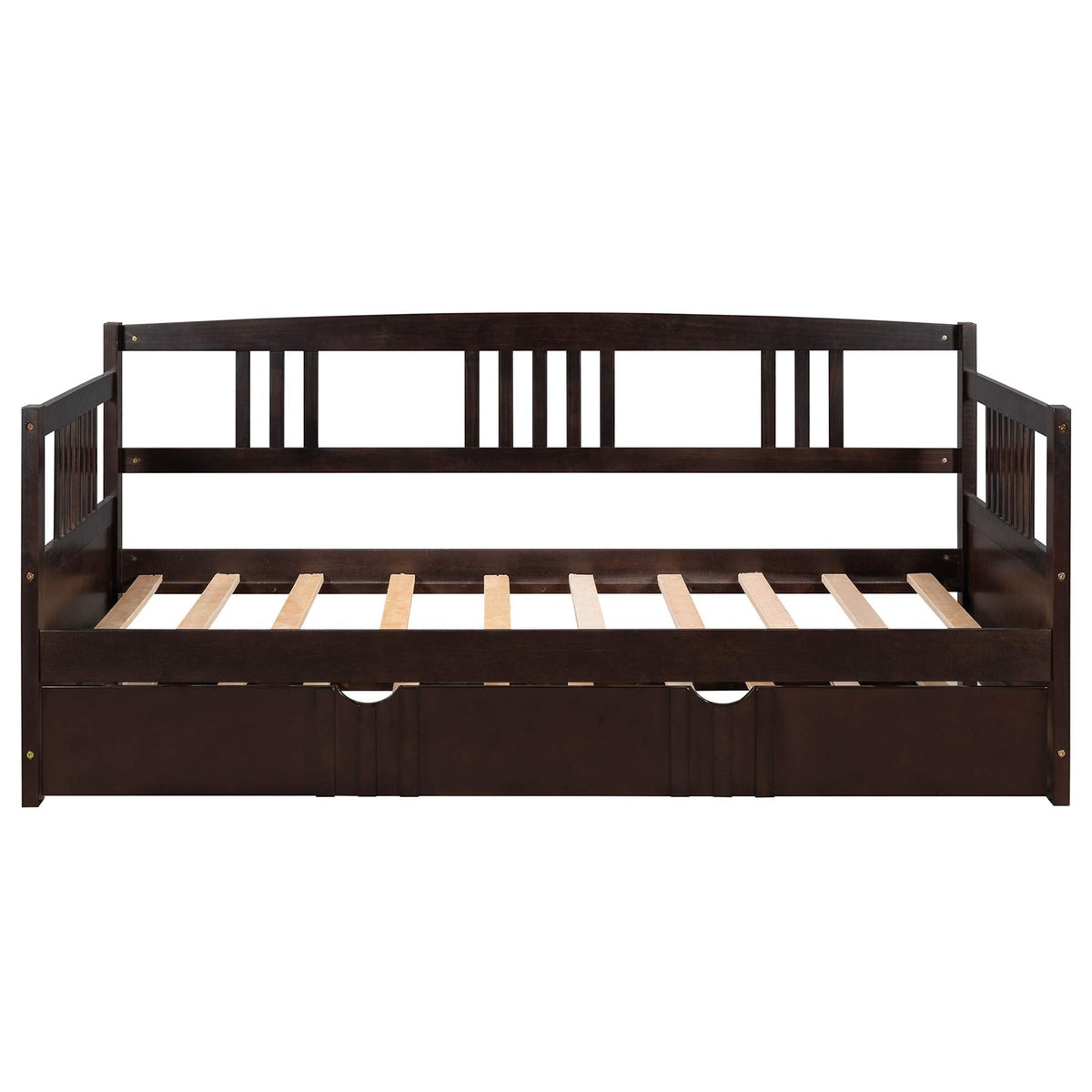 Twin Wood Daybed with Rails, Twin Bed Wooden Slats Support Modern Living Daybed with Trundle Bed, Espresso
