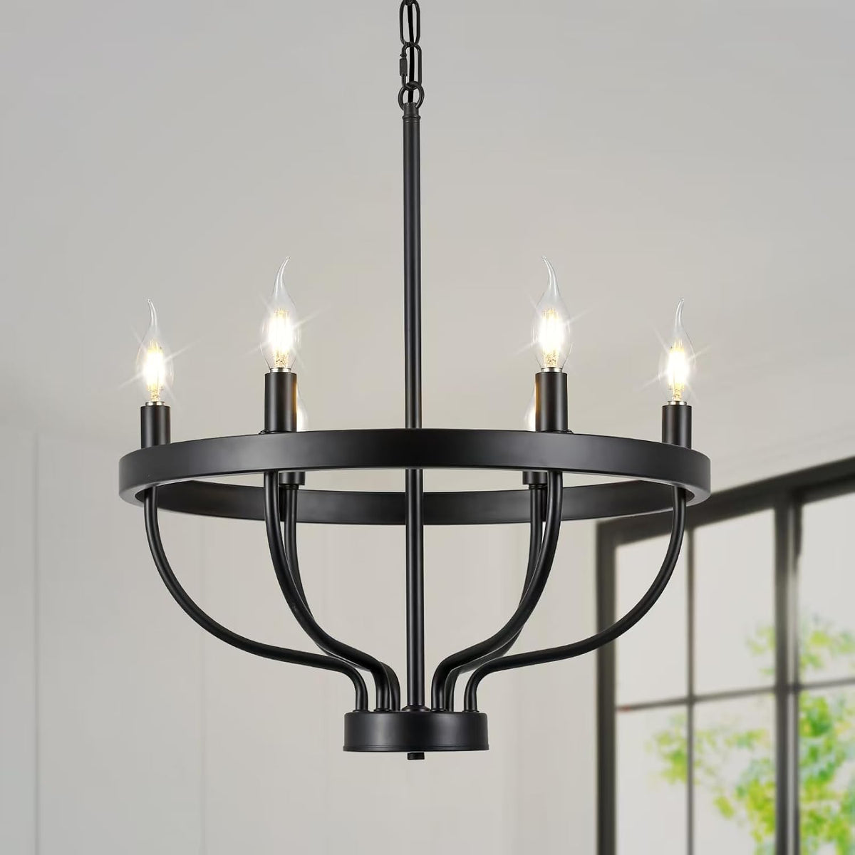 Six-Light Black Candle Chandelier for Dining Rooms, Farmhouse Style