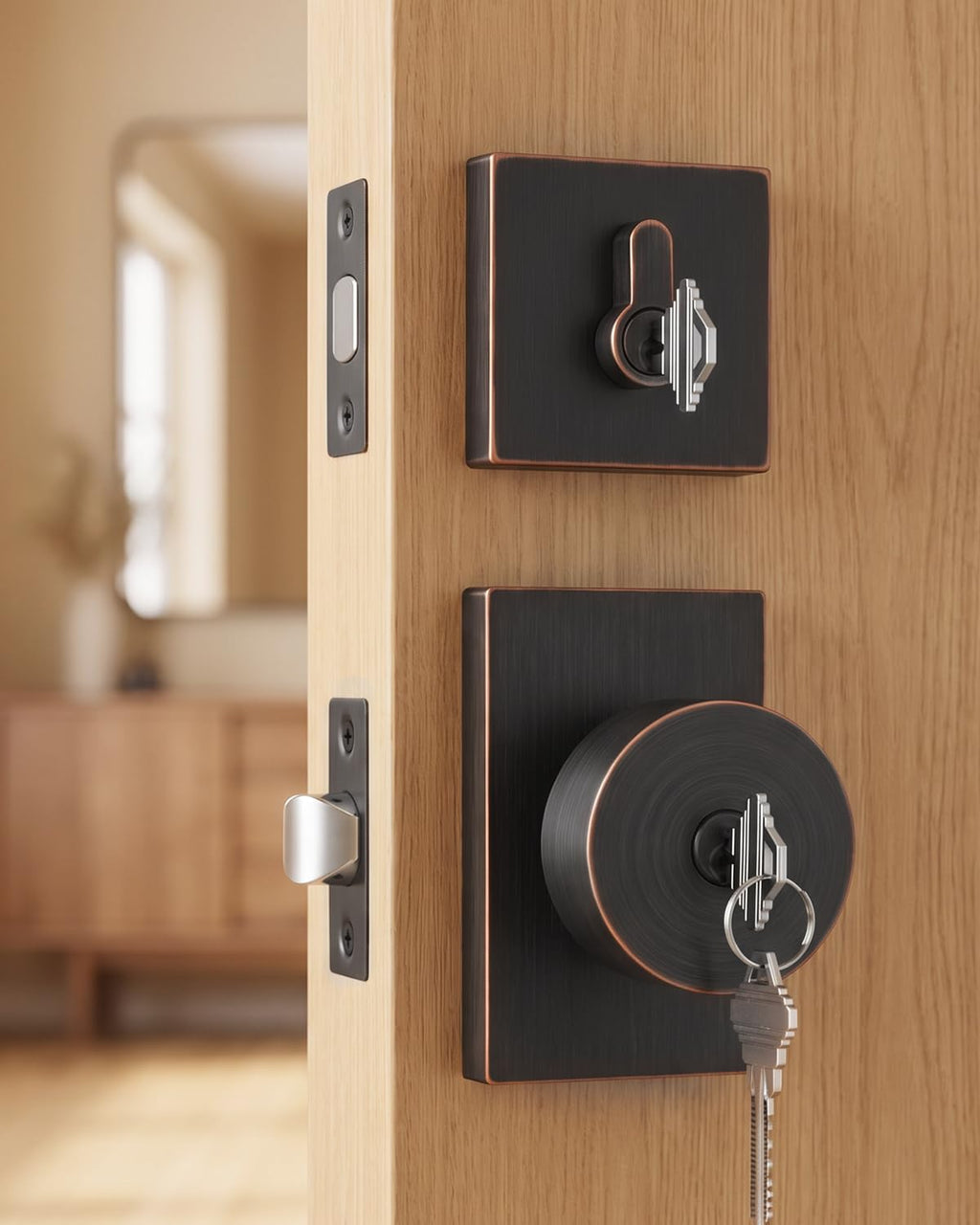 Oil Rubbed Bronze Exterior Door Lock Set, Square Contemporary Keyed-Alike Door Knob and Deadbolt Set, Heavy Duty